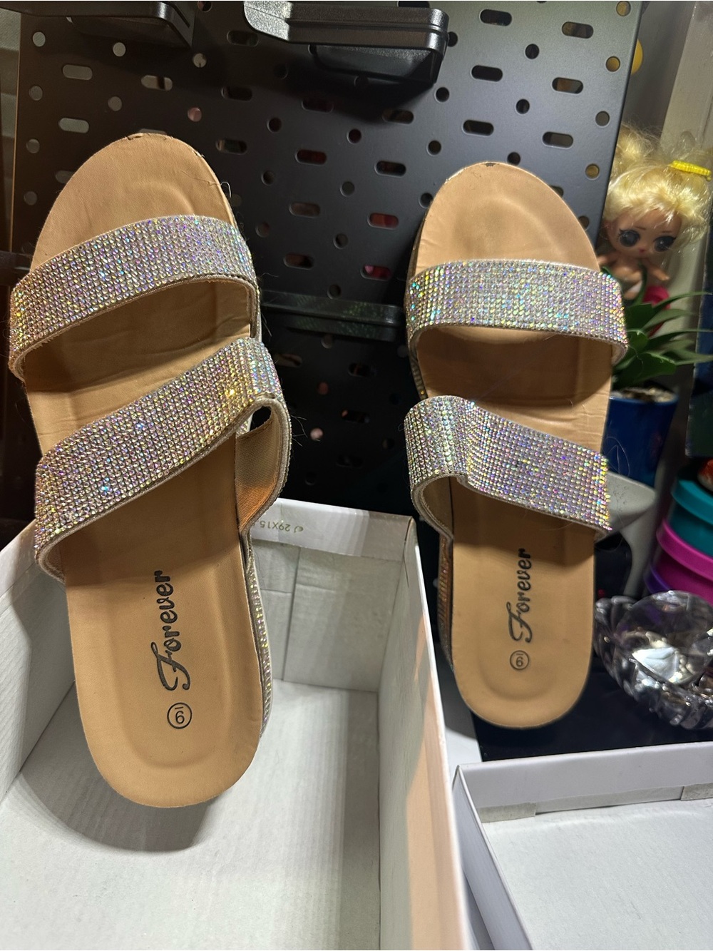 Forever 21 Iridescent Crystal Double-Strap Slide Sandals - Tan
